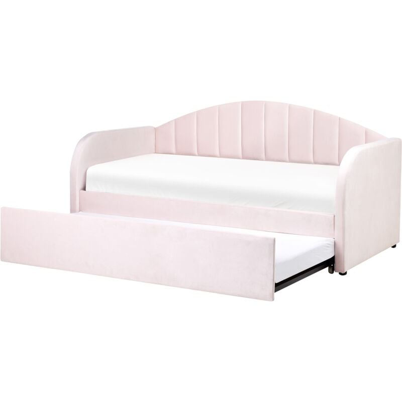 foto del prodotto beliani letto estraibile imbottito velluto rosa pastello 90 x 200 cm soggiorno cameretta eyburie