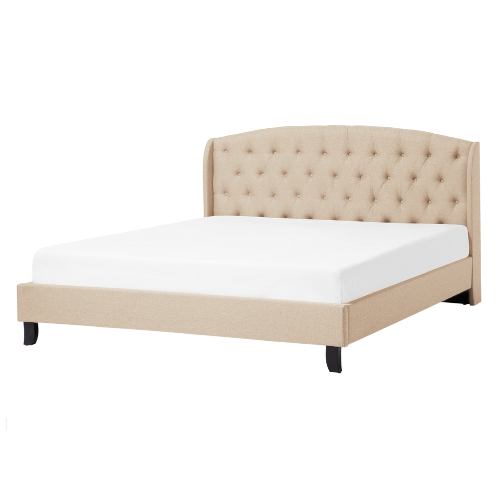 foto del prodotto beliani letto imbottito beige simil lino a doghe testiera bottoni 140 x 200 cm bordeaux