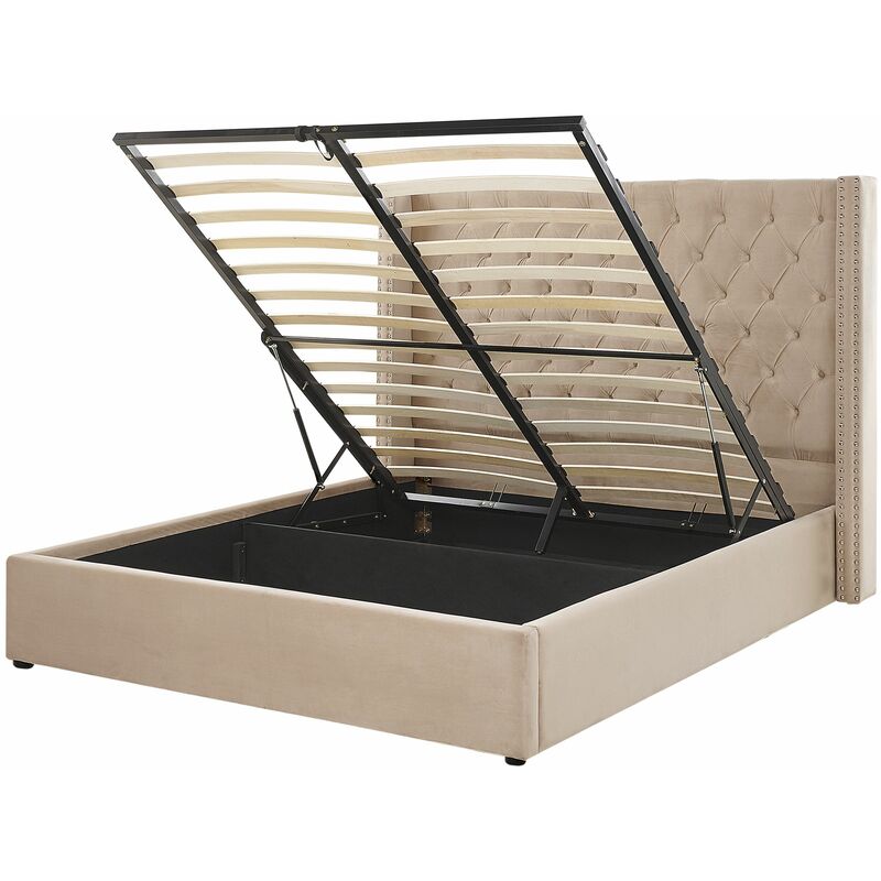 foto del prodotto beliani letto imbottito in tessuto beige con box e testiera alta 160 x 200 cm lubbon