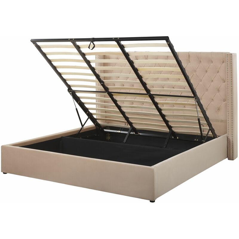foto del prodotto beliani letto imbottito tessuto beige con box e testiera alta 180 x 200 cm lubbon