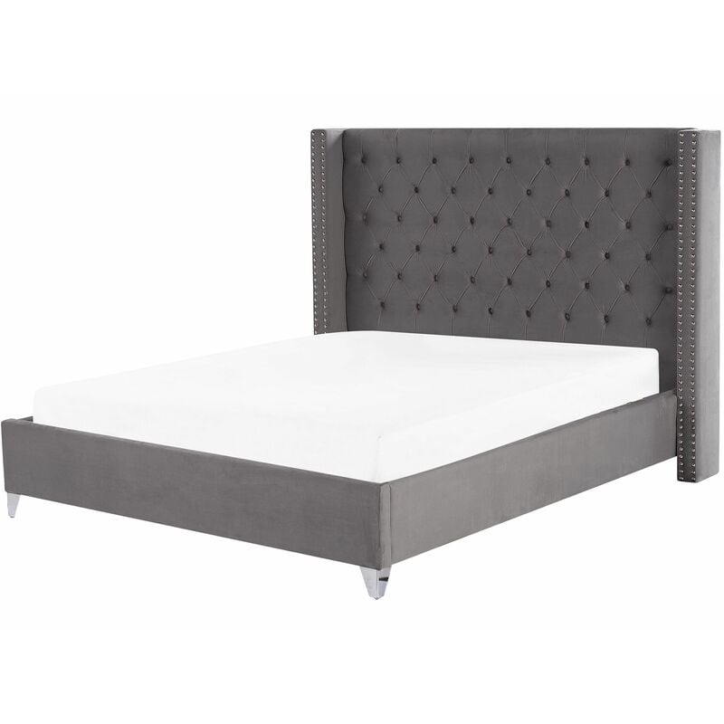 foto del prodotto beliani letto imbottito tessuto grigio rete a doghe testiera alta 180 x 200 cm lubbon