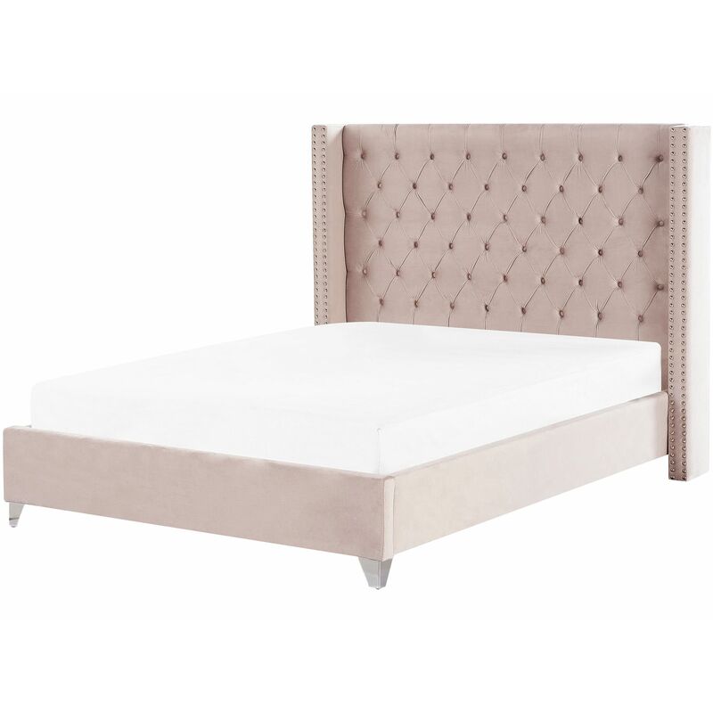 foto del prodotto beliani letto imbottito tessuto grigio rete a doghe testiera alta 180 x 200 cm lubbon