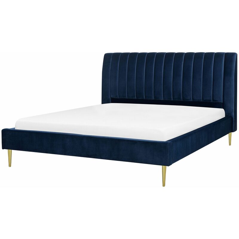 foto del prodotto beliani letto imbottito velluto blu scuro e oro rete a doghe testiera alta 180 x 200 cm marville