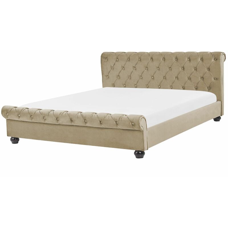 foto del prodotto beliani letto imbottito velluto effetto lino beige rete a doghe 180 x 200 cm avallon