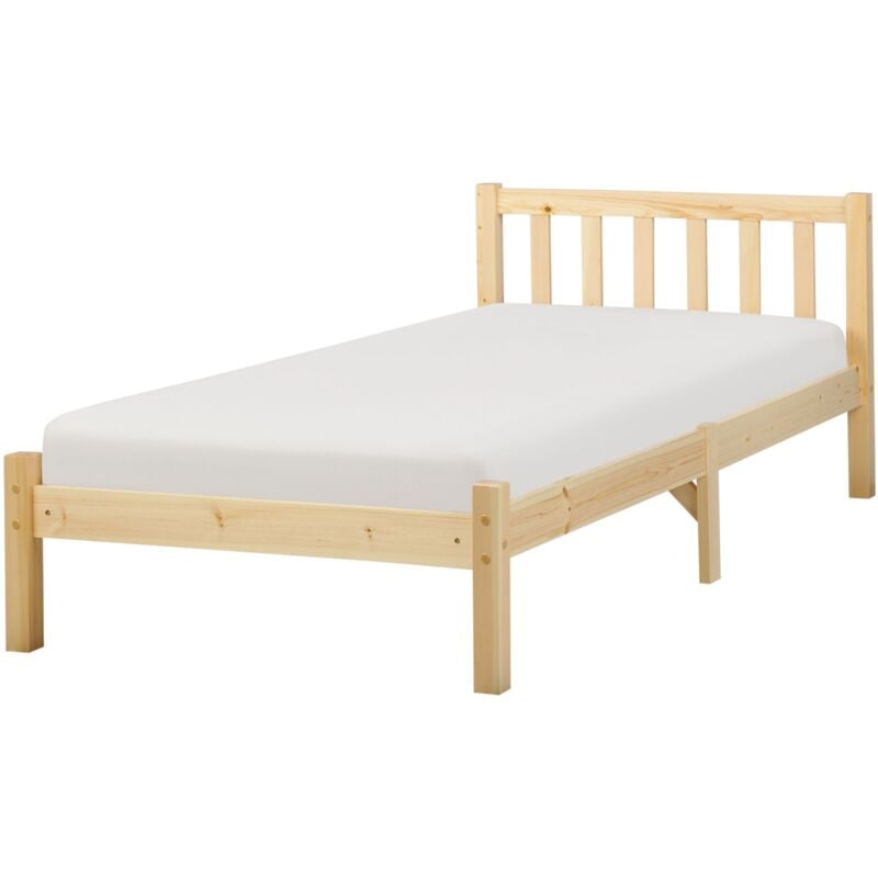 foto del prodotto beliani letto in legno chiaro con rete a doghe testiera alta 90 x 200 cm florac