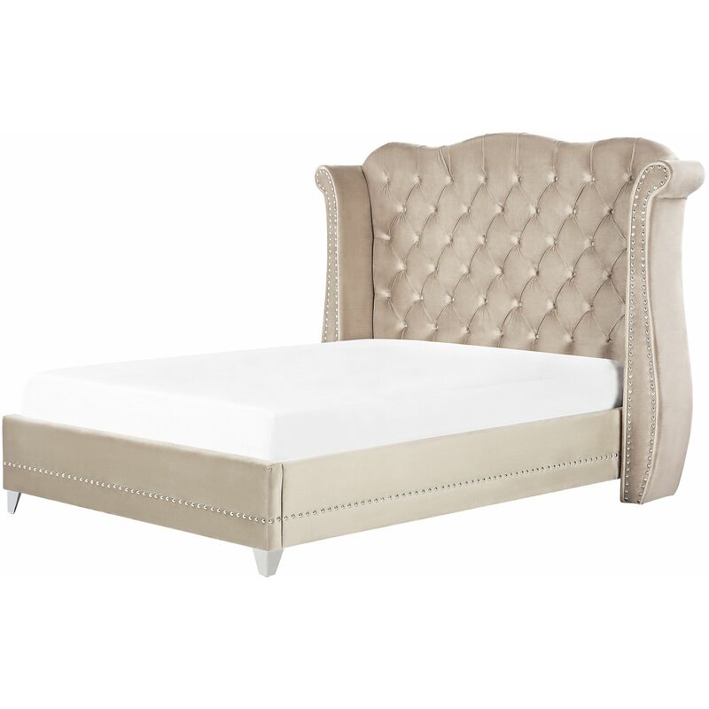 foto del prodotto beliani letto in velluto beige 140 x 200 cm testiera alta decorata ayette
