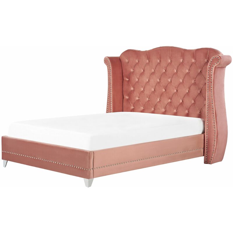 foto del prodotto beliani letto in velluto rosa 160 x 200 cm testiera alta decorata ayette