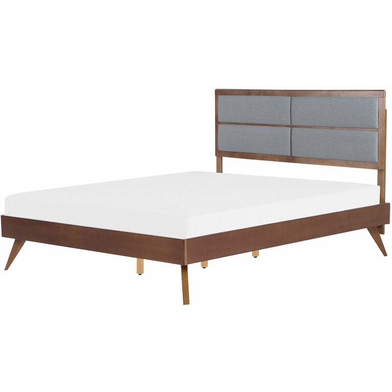 foto del prodotto beliani letto legno scuro rete a doghe testiera imbottita grigia 160 x 200 cm poissy