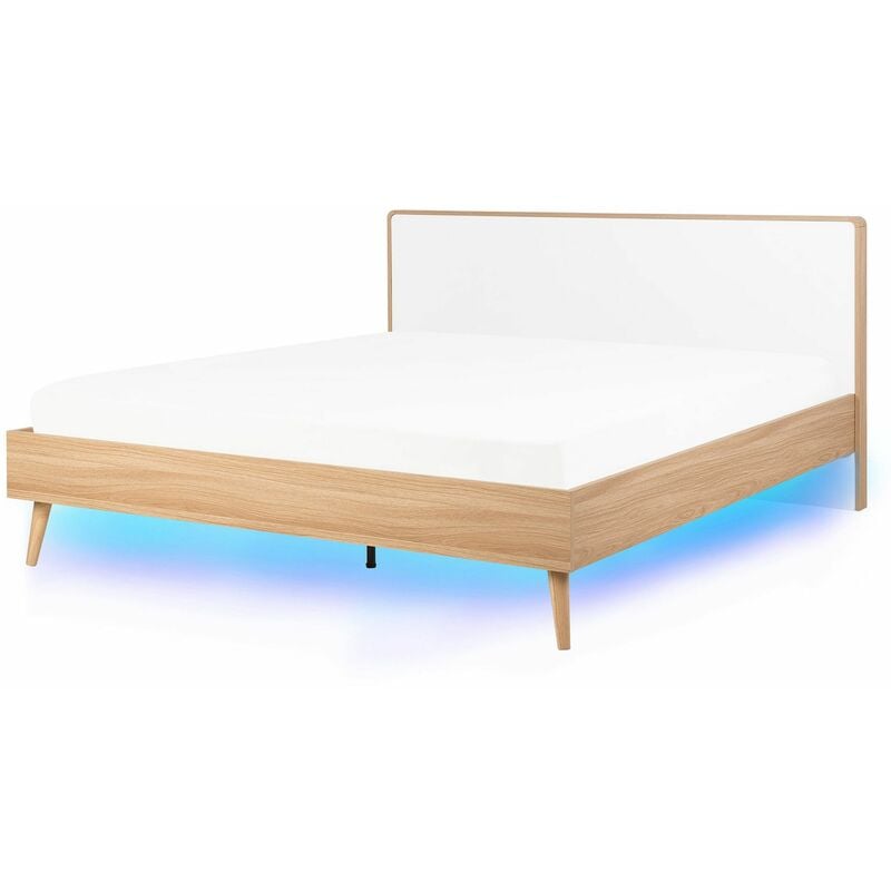 foto del prodotto beliani letto marrone chiaro testiera bianca a doghe con luci led 160 x 200 cm serris