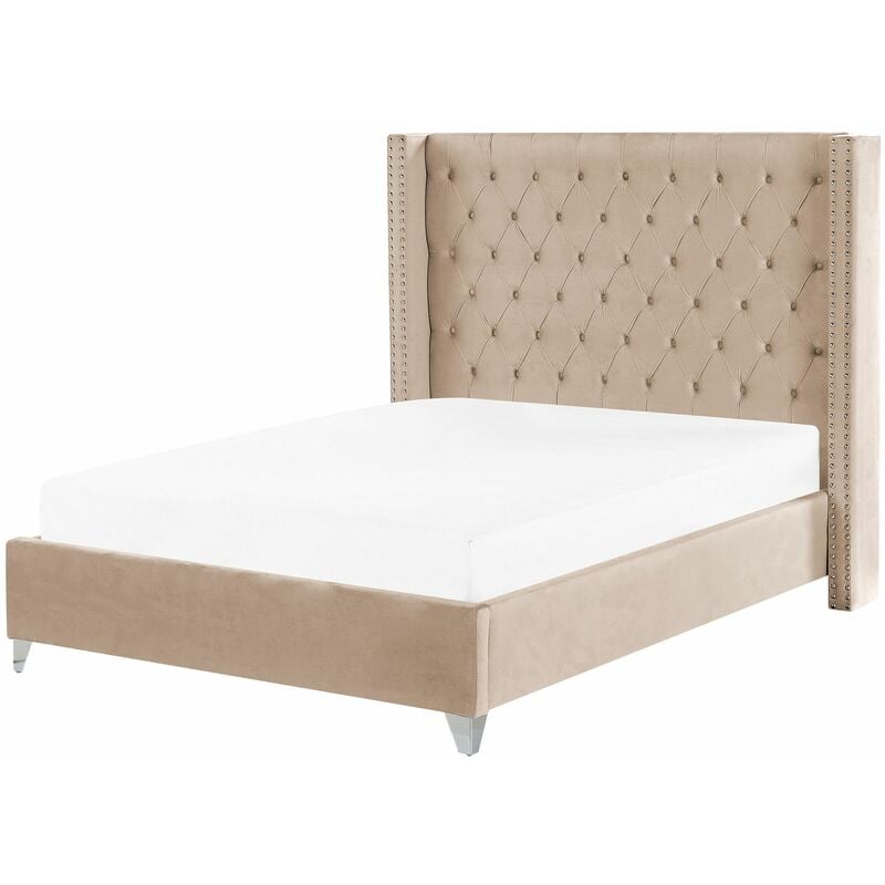foto del prodotto beliani letto matrimoniale con testiera alta imbottita in velluto beige 140 x 200 cm lubbon