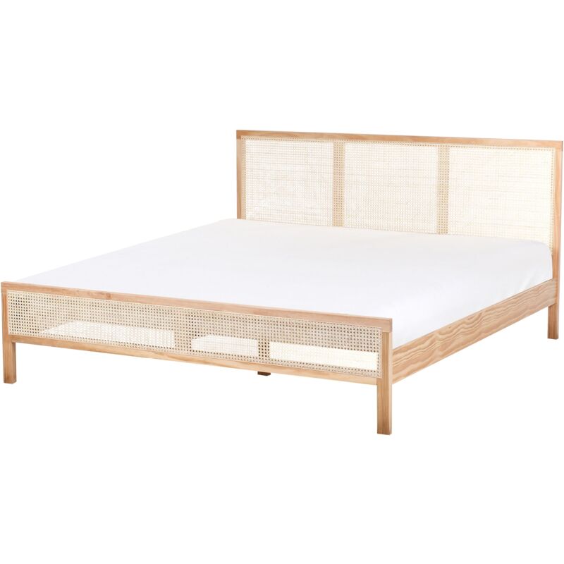 foto del prodotto beliani letto matrimoniale moderno 180 x 200 cm a doghe con testiera a treccia viennese in legno di pino marrone chiaro salernas