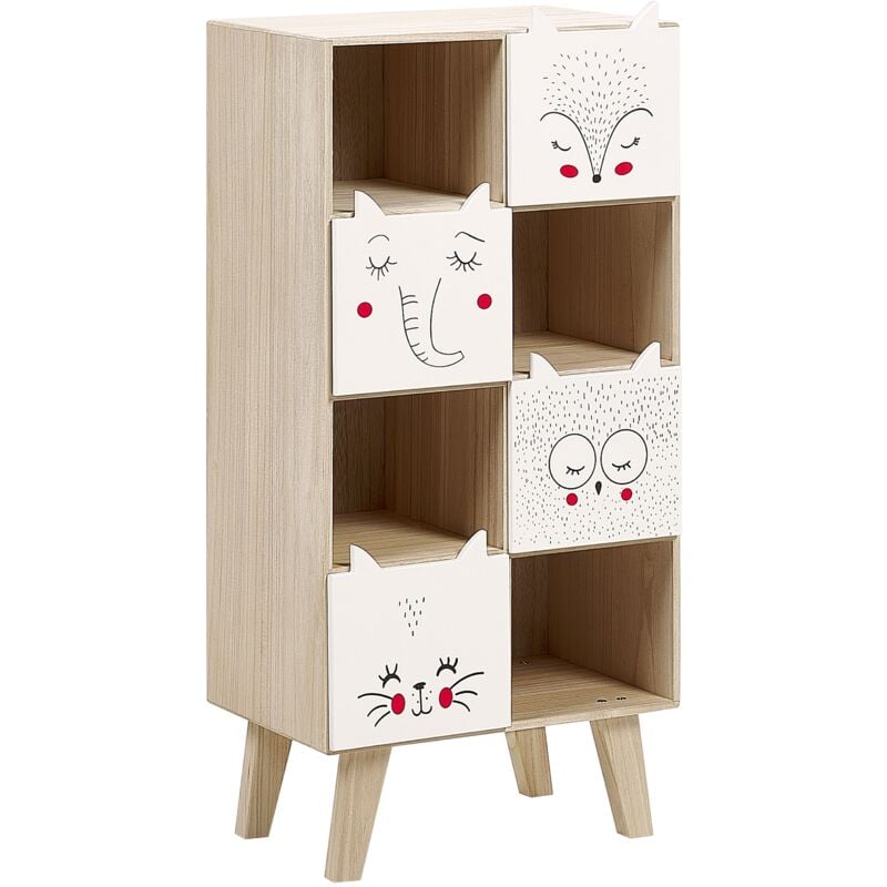 foto del prodotto beliani libreria a 4 piani con cassetti a tema animali in legno chiaro e bianco tupelo
