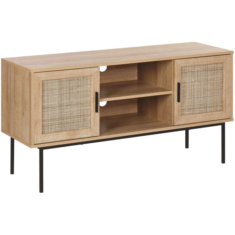 foto del prodotto beliani mobile porta tv a 2 ante in rattan e gambe in metallo 120 x 63 cm legno chiaro pasco