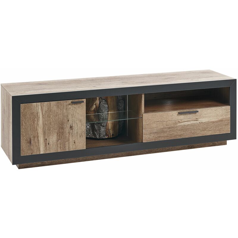 foto del prodotto beliani mobile tv con led in legno chiaro nero 160 x 42 cm con mensola marana