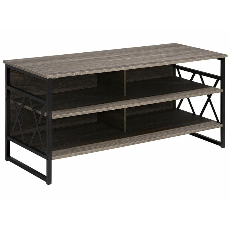 foto del prodotto beliani mobile tv in legno scuro con 4 ripiani gambe in metallo nero moderno carlisle