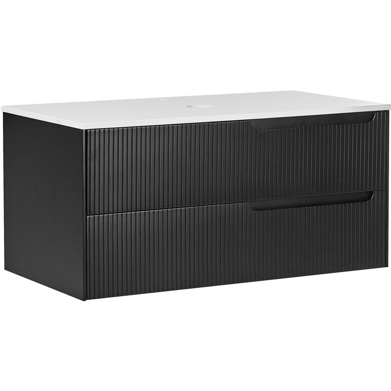 foto del prodotto beliani mobiletto da bagno a parete con frontale scanalato 2 cassetti nero 100 x 52 cm quintela