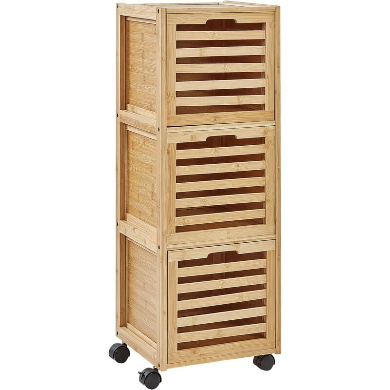 foto del prodotto beliani mobiletto da bagno funzionale in bamb a 3 cassetti con ruote in gomma per l archiviazione del bagno in legno chiaro shawnee