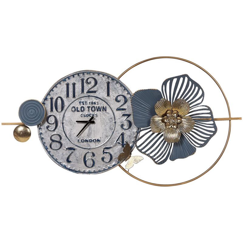 foto del prodotto beliani orologio da parete in ferro nero con numeri arabi dettagli dorati blu berkerium