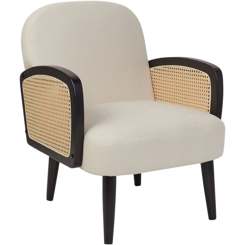foto del prodotto beliani poltrona in poliestere con gambe in rattan intrecciato beige chiaro e nero dvenberg