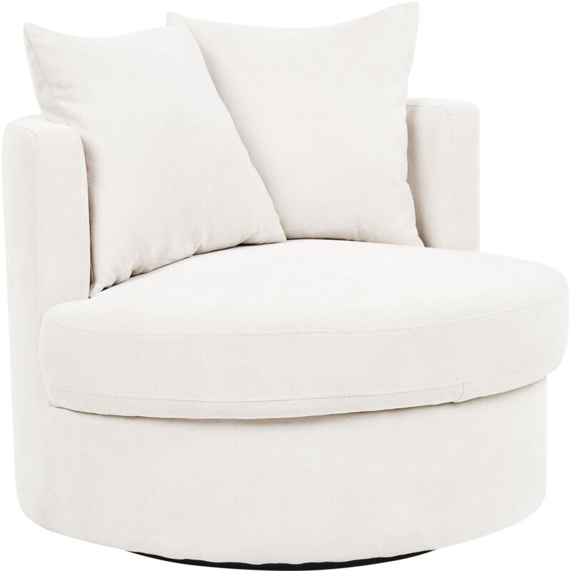 foto del prodotto beliani poltrona moderna glam con schienale rotondo base girevole in poliestere con due cuscini beige chiaro dalby