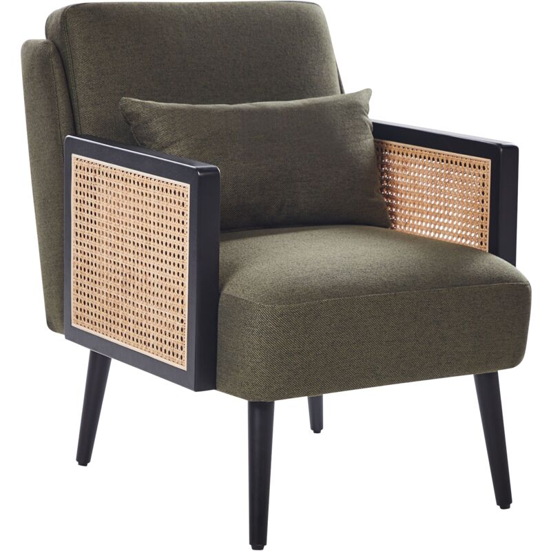 foto del prodotto beliani poltrona tradizionale struttura in legno poliestere con intreccio in rattan gambe in legno tappi delle gambe in plastica con cuscino verde
