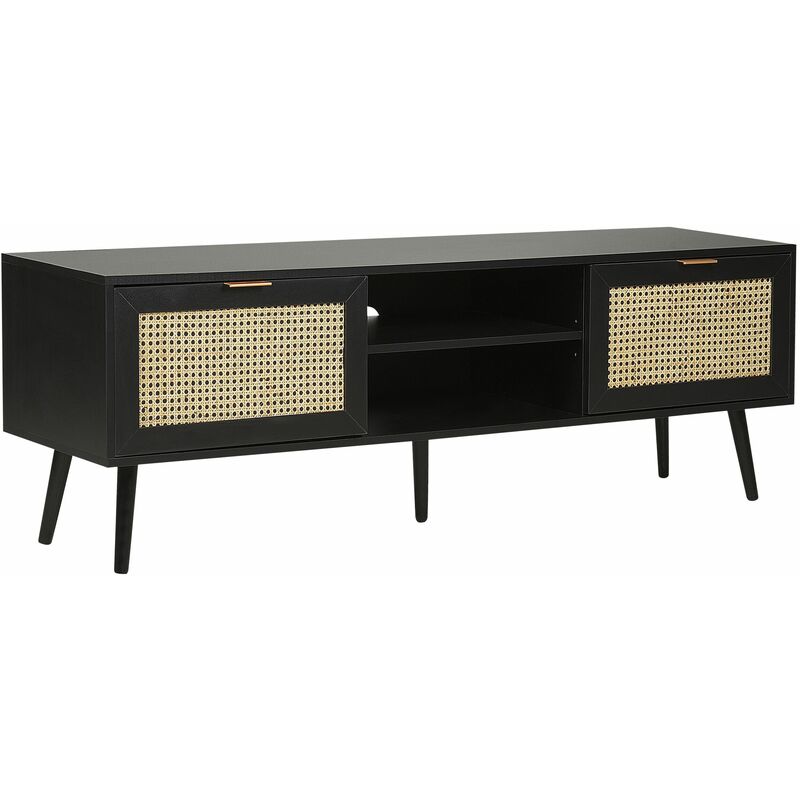 foto del prodotto beliani porta tv in rattan mobile in vimini fronte in mdf nero gambe in legno di gomma 2 armadi scaffali aperti stile boho soggiorno nero opoco