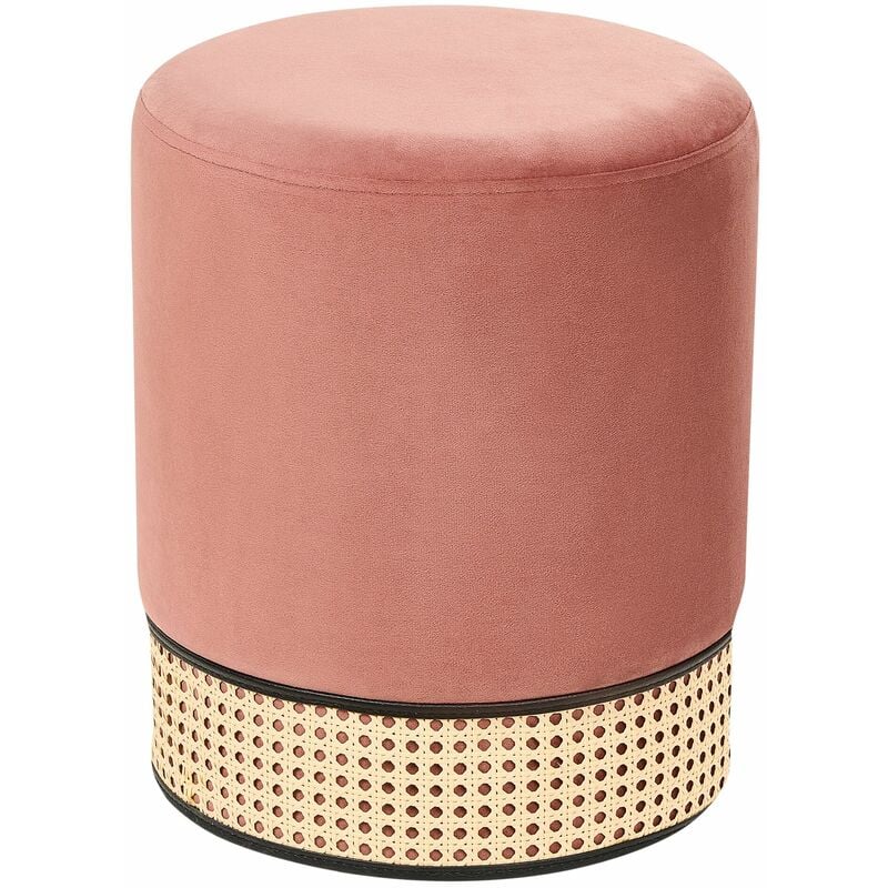 foto del prodotto beliani pouf imbottito in velluto rosa e rattan intrecciato yankton