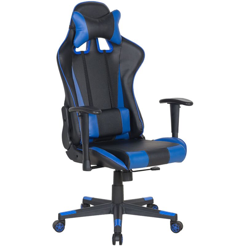 foto del prodotto beliani sedia gaming ecopelle nera e blu braccioli cuscino poggiatesta e lombare gamer