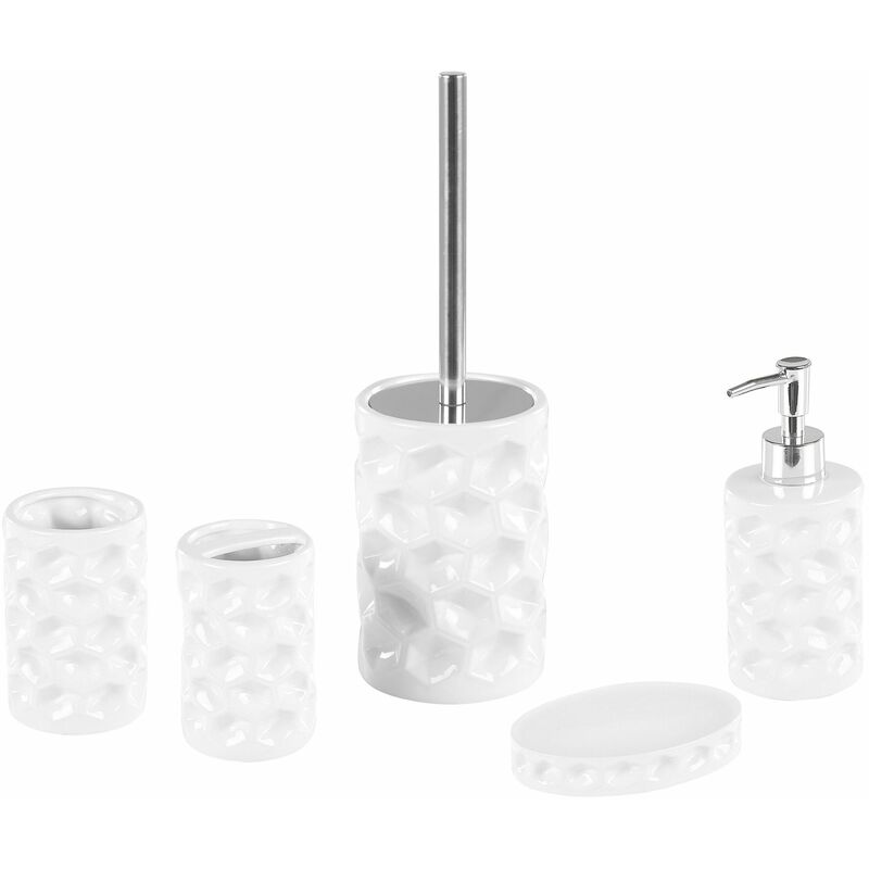 foto del prodotto beliani set 5 accessori bagno ceramica bianca bicchieri scopino dispenser sapone tirua