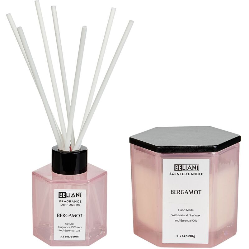 foto del prodotto beliani set candela profumata in cera di soia 100 e diffusore con bastoncini profumo bergamotto classy tint