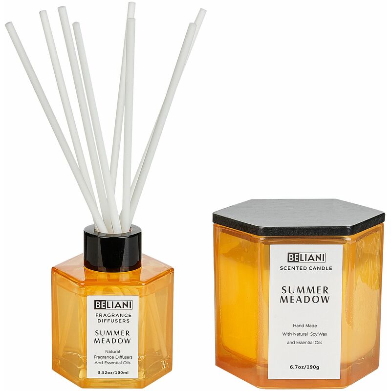 foto del prodotto beliani set candela profumata in cera di soia 100 e diffusore con bastoncini profumo prato estivo classy tint