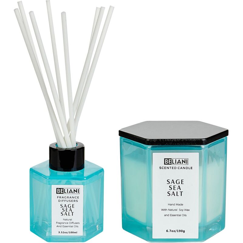 foto del prodotto beliani set candela profumata in cera di soia 100 e diffusore con bastoncini profumo sale marino di salvia classy tint