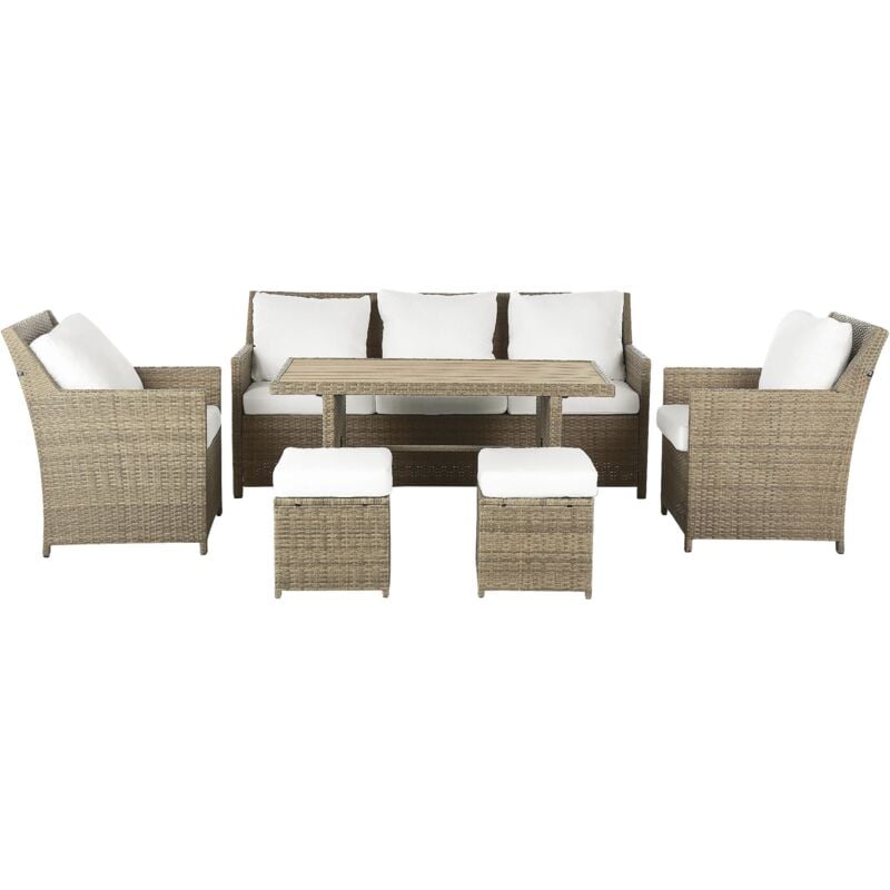 foto del prodotto beliani set da giardino 5 posti in rattan sintetico marrone divano 2 poltrone tavolo 2 pouf cuscini bianchi fonti