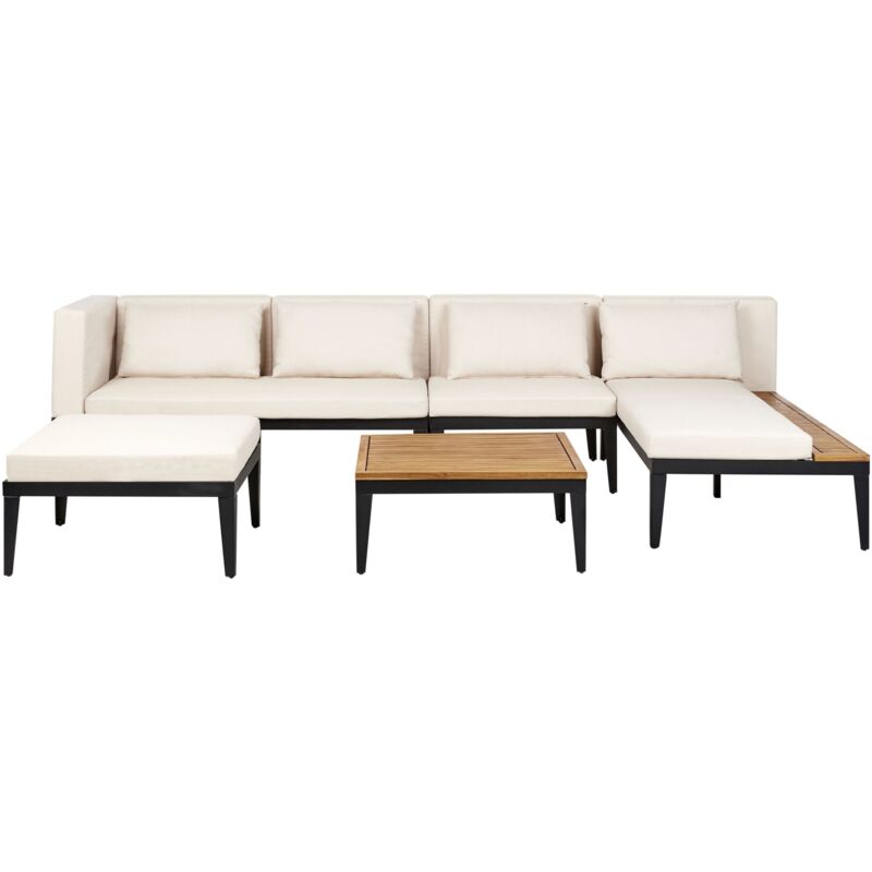 foto del prodotto beliani set da giardino divano angolare 4 posti in legno di acacia con tavolino e pouf cuscini beige chiaro lato sinistra bracciano