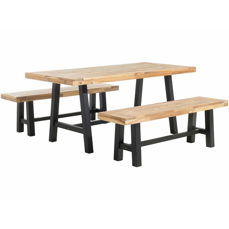 foto del prodotto beliani set da giardino tavolo e 2 panche in legno di acacia chiaro gambe nere scania