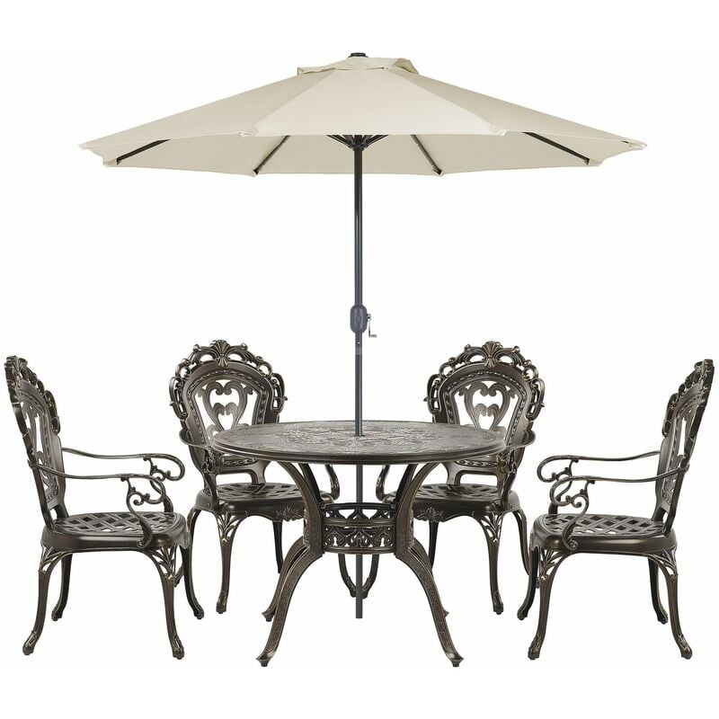 foto del prodotto beliani set da pranzo 4 persone con ombrellone alluminio marrone vintage sapri