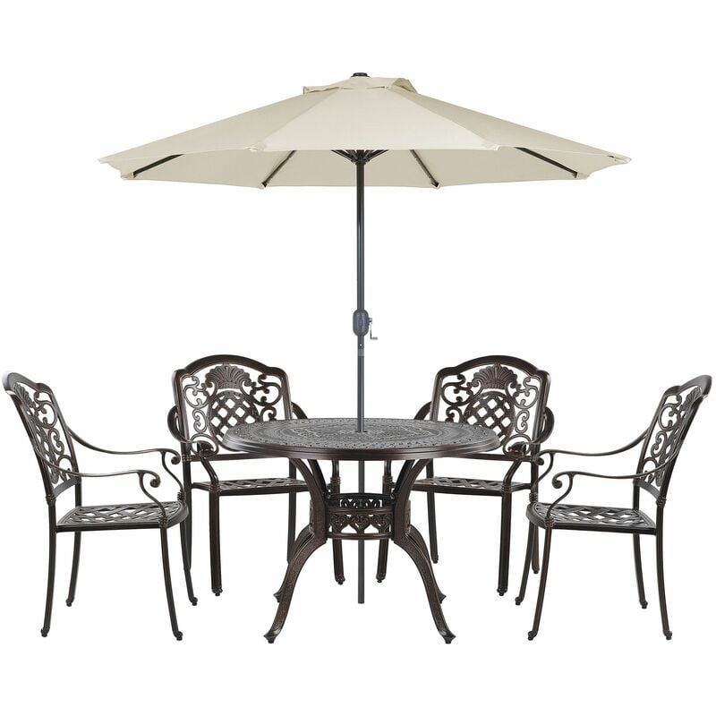 foto del prodotto beliani set da pranzo da giardino tavolo 4 sedie e ombrellone alluminio marrone salento