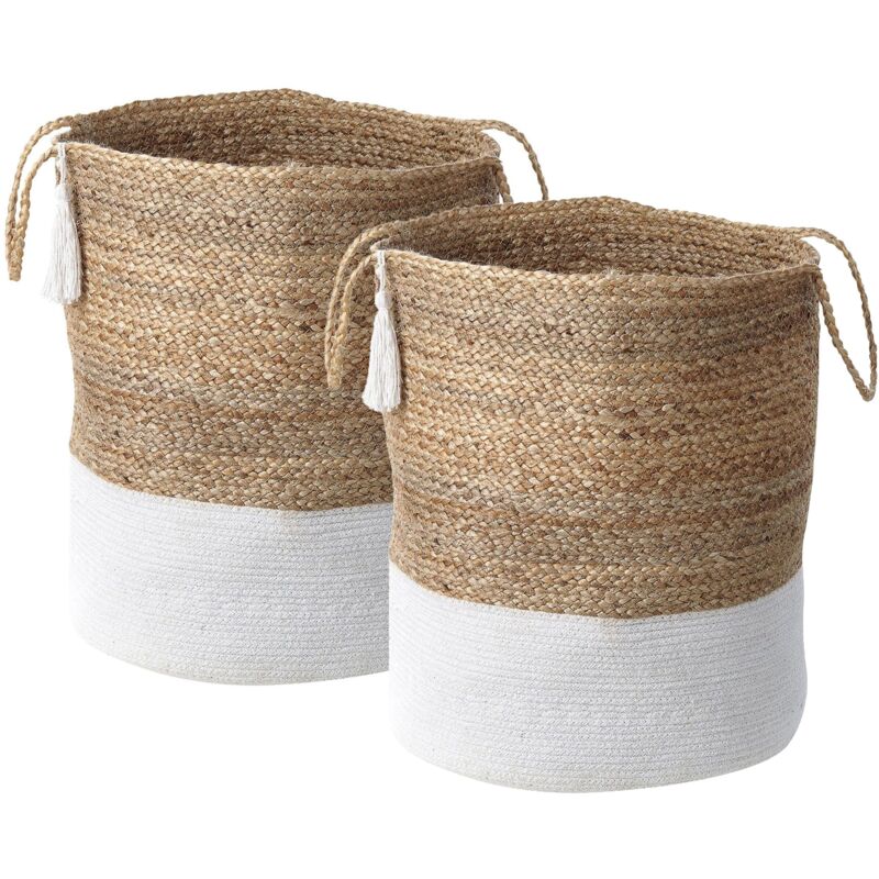 foto del prodotto beliani set di 2 ceste portabiancheria in juta e cotone intrecciato a mano bianco e beige gajar