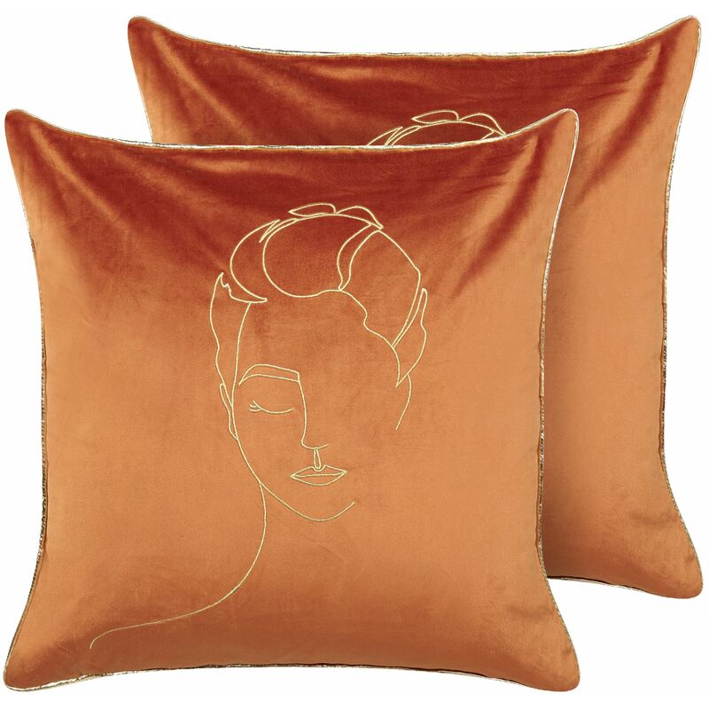 foto del prodotto beliani set di 2 cuscini decorativi 45x45 cm velluto motivo volto arancione oro crocus