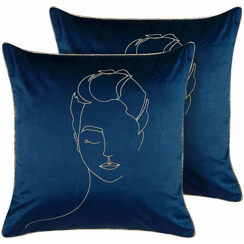 foto del prodotto beliani set di 2 cuscini decorativi 45x45 cm velluto motivo volto blu oro crocus
