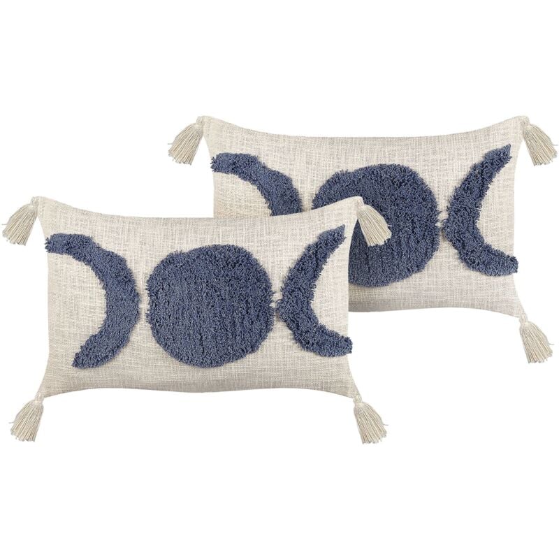 foto del prodotto beliani set di 2 cuscini decorativi cotone con nappe 35 x 55 cm beige chiaro e blu lupinus