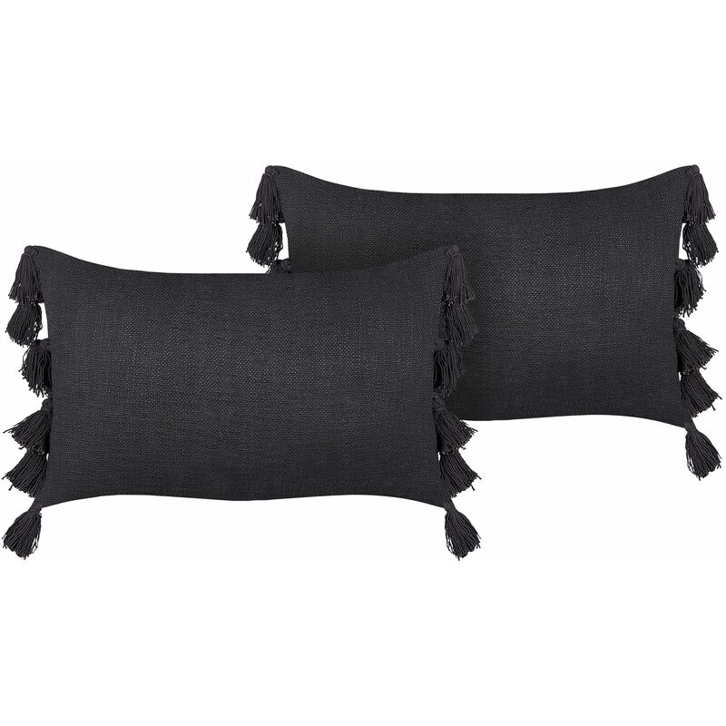 foto del prodotto beliani set di 2 cuscini decorativi cotone con nappe tinta unita 35 x 55 cm grigio lythrum