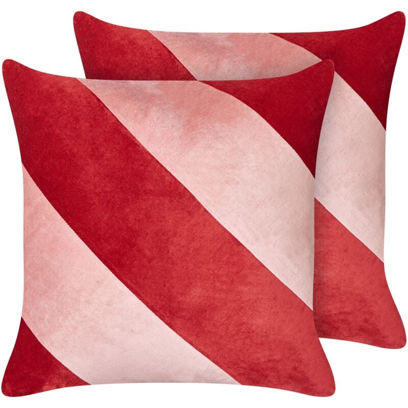 foto del prodotto beliani set di 2 cuscini decorativi in velluto 45 x 45 cm a righe sfoderabili rosso e rosa boronia