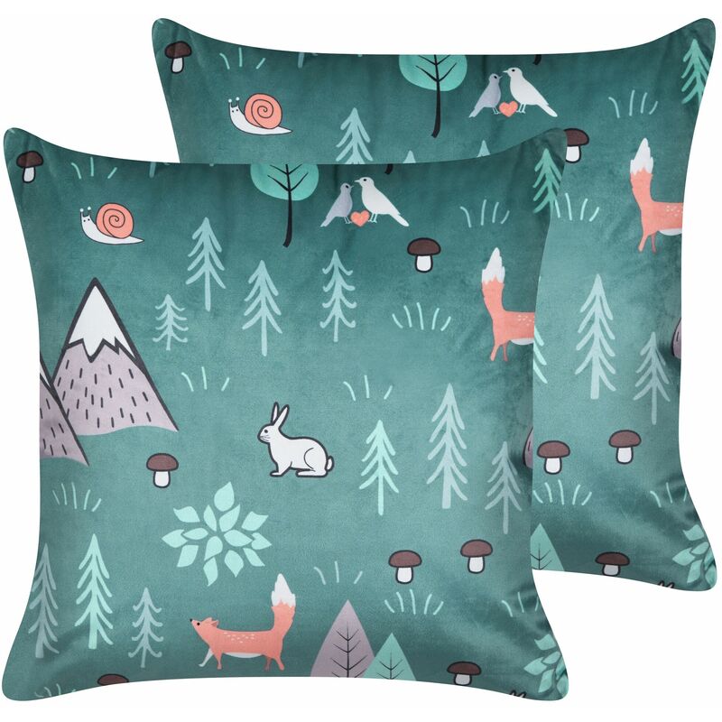 foto del prodotto beliani set di 2 cuscini decorativi in velluto per bambini con copertura rimovibile e cerniera incorporata verde menta con motivi animali foothill