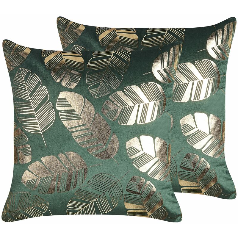 foto del prodotto beliani set di 2 cuscini decorativi in velluto stampa foglie 45 x 45 cm verde sunflower