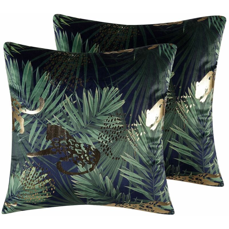 foto del prodotto beliani set di 2 cuscini decorativi in velluto verde stampa a foglie 45 x 45 cm bellerose