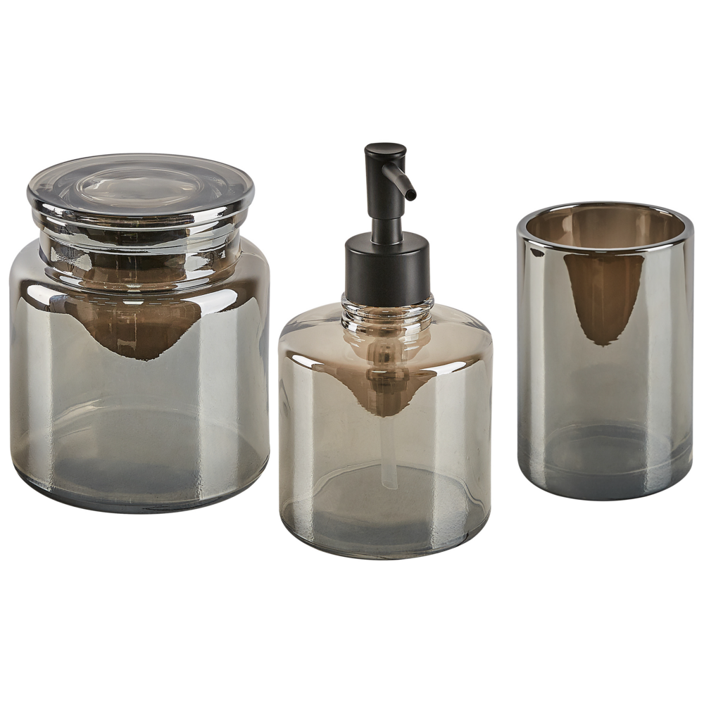 foto del prodotto beliani set di 3 accessori bagno in vetro grafite e argento dispenser sapone bicchiere contenitore managua