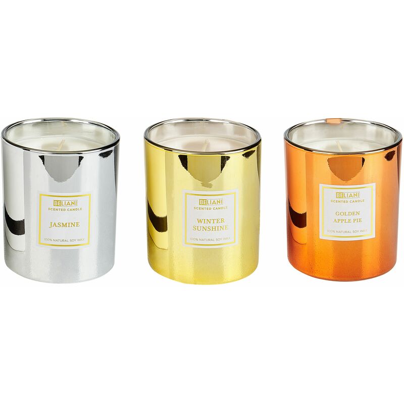foto del prodotto beliani set di 3 candele profumate in cera di soia 100 fragranza frutta fresca crostata di mele, gelsomino e sole d inverno metallic glamour