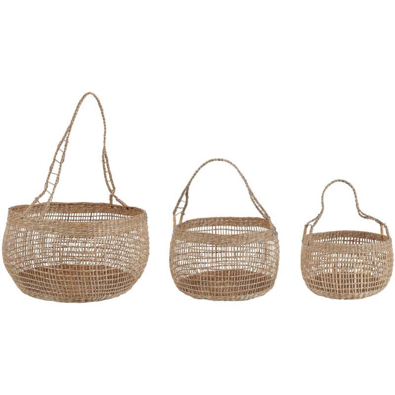 foto del prodotto beliani set di 3 cestini di alghe naturali fatto a mano con manici boho moderno colore naturale accessorio per la casa arapaima