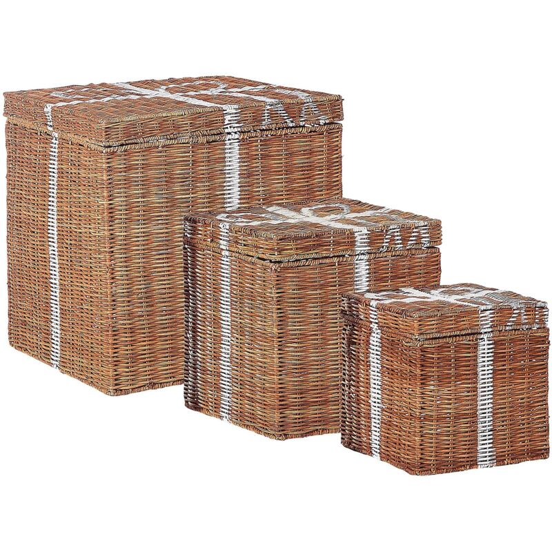 foto del prodotto beliani set di 3 decorazioni natalizie rustiche scatola regalo a forma di figurina in rattan marrone cadeu